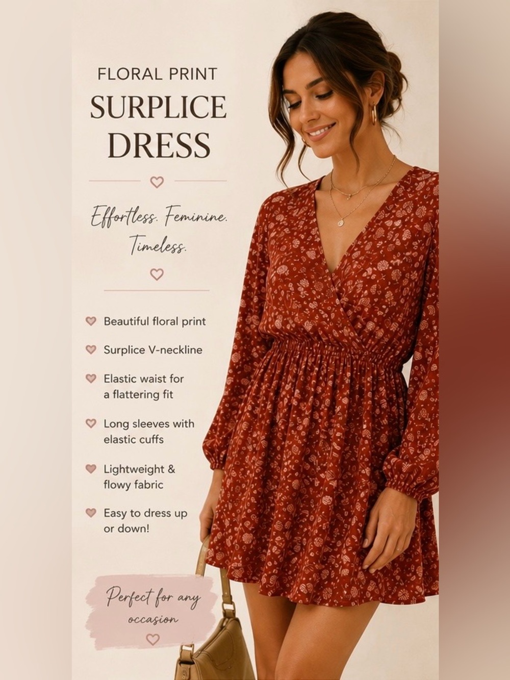 Boho Rust Orange Floral Long Sleeve Wrap Mini Dress